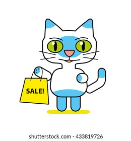 Cat character holding a yellow shopping bag isolated.
