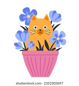 Cat character and indoor flowers. Flat style. Vector illustration.