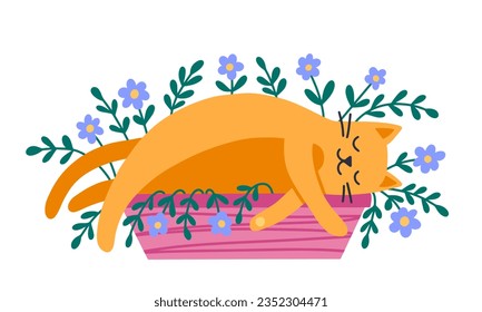 Cat character and indoor flowers. Flat style. Vector illustration.