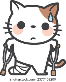 Cat character with injured leg and standing on crutches