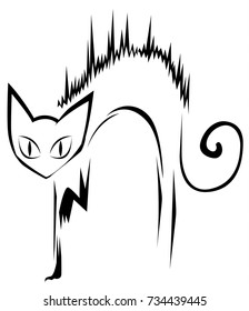 Cat character line stencil black, vector illustration, horizontal, isolated