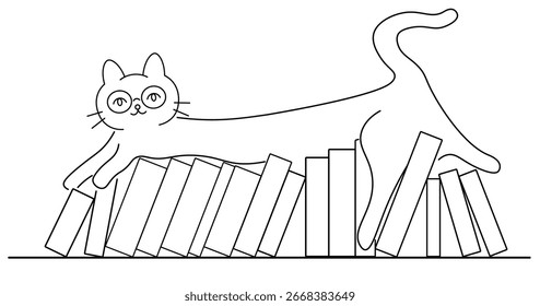 personagem de gato deitado na estante em estilo de doodle linear em vetor. elementos para decoração design postcard print sticker poster mascote