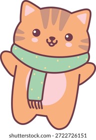 Katzencharakter mit rundem Körper, lächelndem Gesicht und gemütlichem Schal, gezeichnet mit kräftigem Umriss und weicher Schattierung. Symbol für Wärme, Komfort und Winterfreude beim Tierbranding. Cartoon, Vektorgrafik.