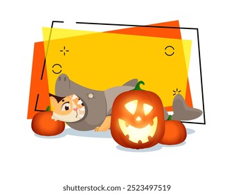 Cat character in shark costume with scary pumpkin lantern vector illustration on abstract background. Halloween holiday, pet, party, magic concept. Can be used for banner or invitation design