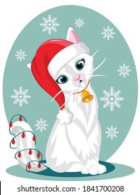 A cat character sitting down with santa hat. Flat vector illustration for christmas card.