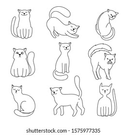 Cat character sketch. Cute kitten hand drawn collection, cats emotions funny and hungry, happy and angry cartoon vector illustration clipart