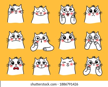 Pegatinas de caracteres de gato. Animación de mascotas con emociones lindas, imágenes gráficas sonrientes de animales amorosos, ilustración vectorial de emojis graciosos de gatos con ojos grandes aislados en fondo amarillo