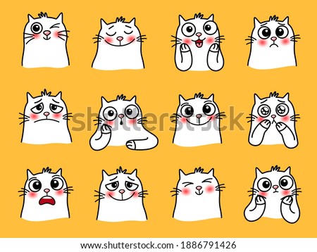 Cat character stickers. Cartoon pets with cute emotions, smiling graphic images of loving animal, vector illustration of funny emoji of cats with big eyes isolated on yellow backgro