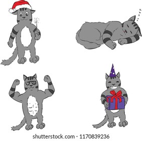 Cat character storyboard Vector digital illustration. Happy and lazy mood