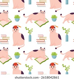 Cat character study seamless pattern in flat style. Happy cute cats character in glasses. Cartoon art style design of scientist animal cat for web, greeting card, banner.