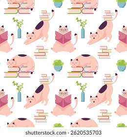Cat character study seamless pattern in flat style. Background with happy cute cats character in glasses. Cartoon art style design of scientist animal cat for web, greeting card, banner.