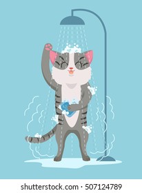 Cat character taking shower. Vector flat cartoon illustration