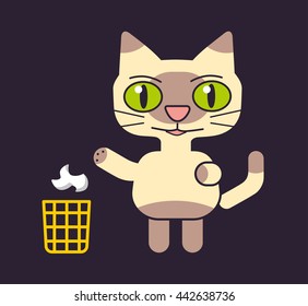 Cat character throwing garbage in the trash bin.