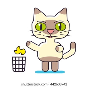 Cat character throwing garbage in the trash bin.