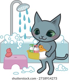 A cat character trying to take a bubble bath