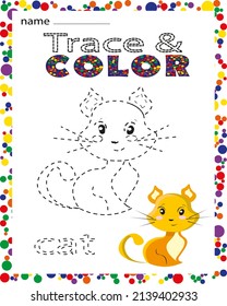 Cat Character Vector Illustration. Trace Line And Color Page Game For Kids. Preschool Or Kindergarten Tracing Worksheet With Dashed Lines For Practicing Fine Motor Skills.Handwriting Practice Sheet.