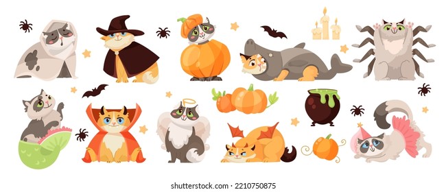 Cat characters in Halloween costumes vector illustrations set. Cute comic kitties in spooky clothes, kitten in pumpkin hat for autumn holiday isolated on white background. Halloween, pets concept