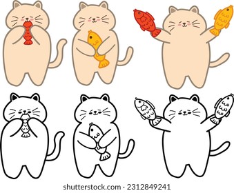 cat characters holding or holding fish