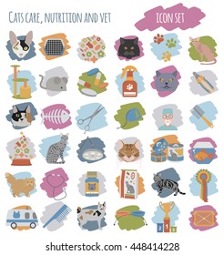 Cat characters and vet care icon set flat style. Vector illustration