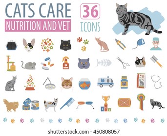 Cat characters and vet care icon set flat style. Vector illustration