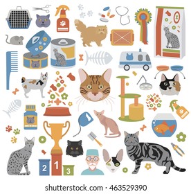 Cat characters and vet care icon set flat style. Vector illustration