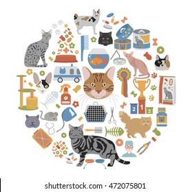 Cat characters and vet care icon set flat style. Vector illustration