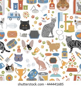 Cat characters and vet care seamless pattern flat style. Vector illustration