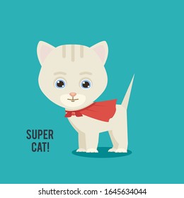 Cat character.Super hero pet isolated on a white background with 
 red cloak
