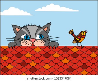 The cat is chasing the bird on the roof