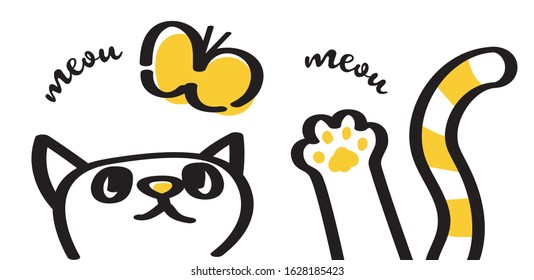 Cat chasing butterfly.Simple line drawing.