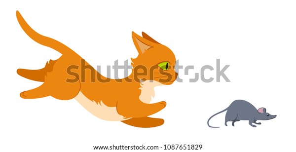 ネズミを追いかける猫 白い背景に平らなスタイルのイラスト Eps 8の編集可能なベクター画像 のベクター画像素材 ロイヤリティフリー