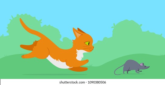 Cat chasing a mouse on a lawn. Flat style illustration. Editable vector graphics in EPS 8.