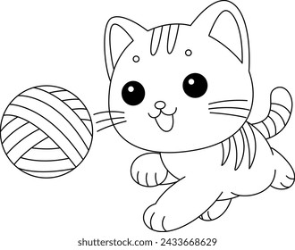 The cat is chasing the yarn coloring page 