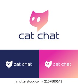 Logo de Cat Chat. Icono para el chat por internet, club de fans, comunidad de internet. Cabeza de gato como burbuja de discursos con orejas y ojos grandes. Identidad.