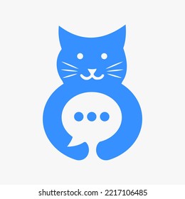 Cat Chat Logo Negative Space Concept Vector Template. Cat Holding Chat Symbol