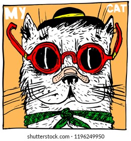 Cat Cheater, Wearing A Hat And Glasses. A Funny Image For A Print On A T-shirt, Poster Or Child Goods.