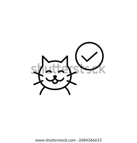 Cat and checkmark, safe pet products and health. Pixel perfect, editable stroke vector icon