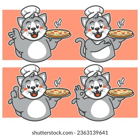 Cat Chef Cartoon traiga pizza