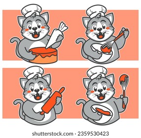 Caricatura del chef del gato haciendo un pastel