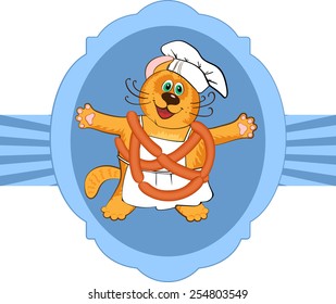 Cat chef cook in restaurant  uniform and frankfurters , vector illustration