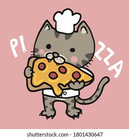 Cat chef eat pizza cartoon vector illustration