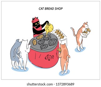 Cat chef of a fish bakery and waiting cat customers. hand drawn style vector design. a personification illustration.