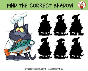 Cat chef with fish. Find the correct shadow. Educational game for children. Cartoon vector illustration