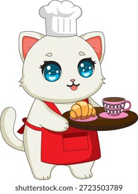 Gato Chef Holding Bandeja de desayuno Cocina Gatito Mascota Vector