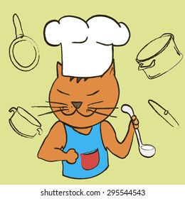 Cat chef with ladle in his paws and cap