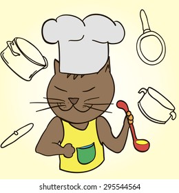 Cat chef with ladle in his paws and cap