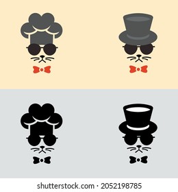 cat chef logo with chef hat. Gentleman cat with top hat and monocle. Funny cartoon vector drawing.