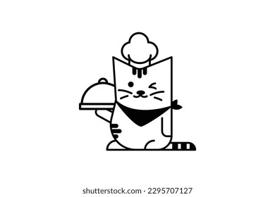 The cat chef outline logo design black and white coloring pages