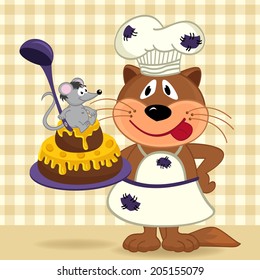 cat chef prepare cake  - vector  illustration, eps 