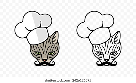 Cat in a chef's hat with mustache, cat looking, graphic design. Animal and pet, kitten or catlike, food and meal, vector design and illustration